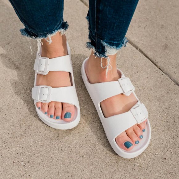 NEW Adjustable Double Buckled Straps Comfy Slip On Slides Slippers Sandals White - Picture 11 of 13